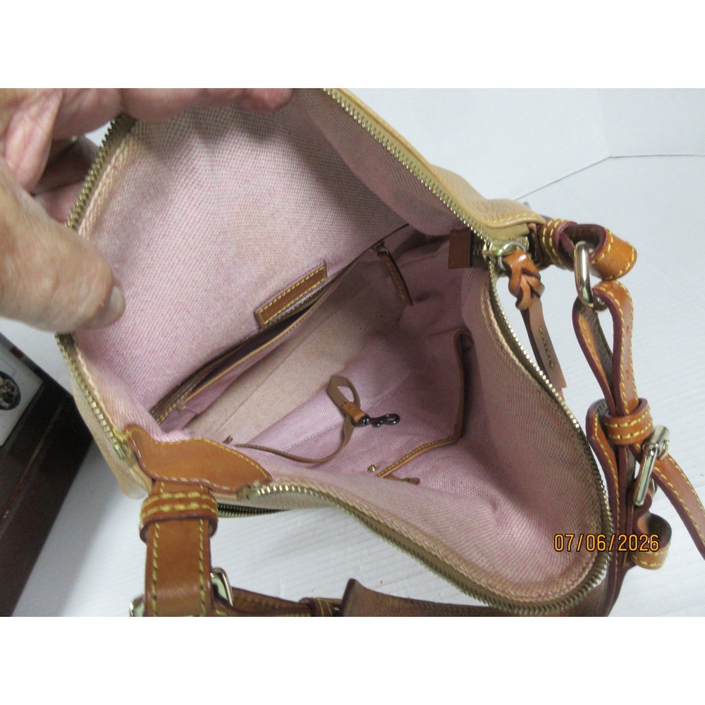Dooney & Bourke Tan Pebbled Leather Hobo Shoulder Bag with Pink Gingham Lining - Picture 4 of 14